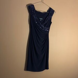 Lauren Ralph Lauren Evening Blue Asymmetrical Ruched Midi Dress